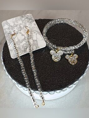 Clear Glass Beaded Bracelet & Earrings Set with Gold Mickey Charms